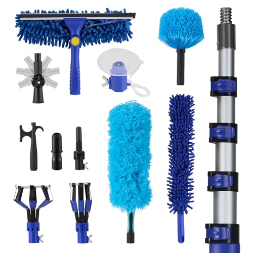 20FT Reach Light Bulb Changer for High Ceilings with 3.4-12.4FT Telescopic Extension Pole, 11PCS Reusable High Ceiling Fan Duster Kit for Recessed Lights, High Ceiling Window Cleaning