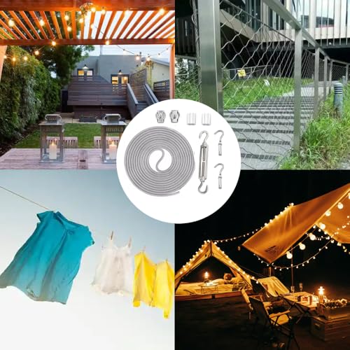 Clothesline, Stainless Steel Clothesline Wire Outdoor Cable Wire Rope Laundry Hanging Drying with Tightener System Multipurpose forOutdoor/Indoor/Home/Drying (32Ft)