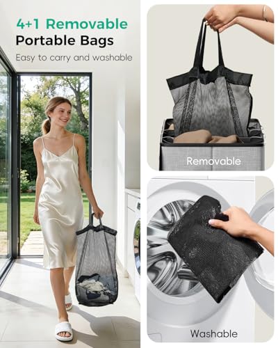 185L Laundry Hamper 4 Section with Lid & Removable Bags - color: Grey, size: 185L - 4 Section