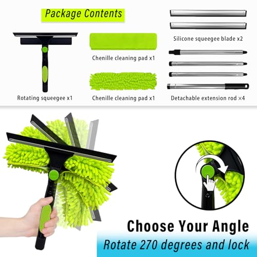 Window Squeegee Cleaner Tool, 67" 2-in-1 Rotatable Window Cleaning Kit with Stainless Steel Splicing Pole Streak Free Squeegee & Scrubber for Indoor Outdoor High Window Car Glass (Green)