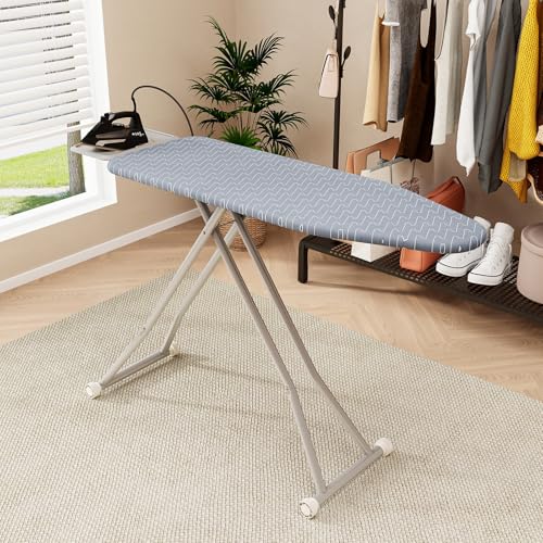 Giantex Ironing Board with Iron Rest, 56'' x 16.5'' Carbon Steel Iron Board with 4 Layer Heat Resistant Cover & Pad, 7 Adjustable Heights, Non-Slip Legs, Folding Heavy Duty Ironing Boards, Light Gray - color: Light Gray, size: 56" x 16.5" x 23"-30"