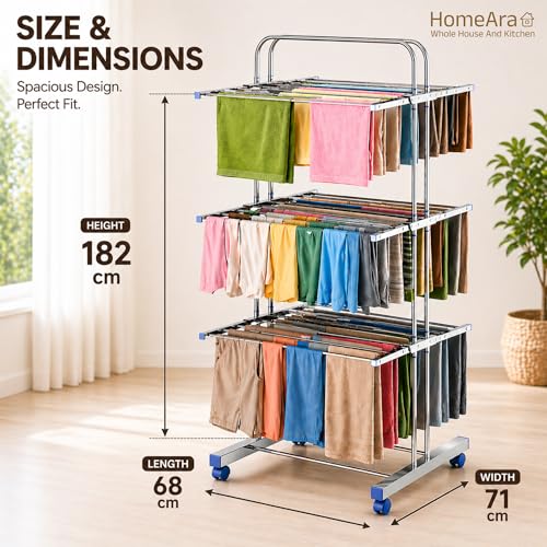 Heavy Duty Foldable Cloth Drying Stand, 3 Tier Mirror Finish Laundry Racks Clothes Stand Cloth Drying Rack Foldable and Movable Large Stainless Steel