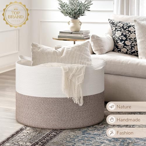 INDRESSME 115L Extra Large Woven Rope Blanket Basket Living Room, Brown - color: White & Brown, size: 23.6"D x 15.7"H
