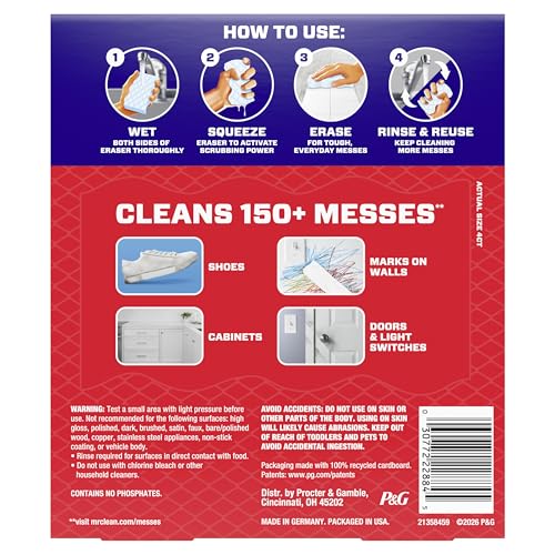 Mr. Clean Magic Eraser Sponge, All Purpose Cleaner, Cleaning Scrubber, Wall, Sneaker, Kitchen, Bathroom, Shower Cleaner, Cleaning Supplies, Melamine Sponge, Cleaning Pads, Extra Durable, 4ct