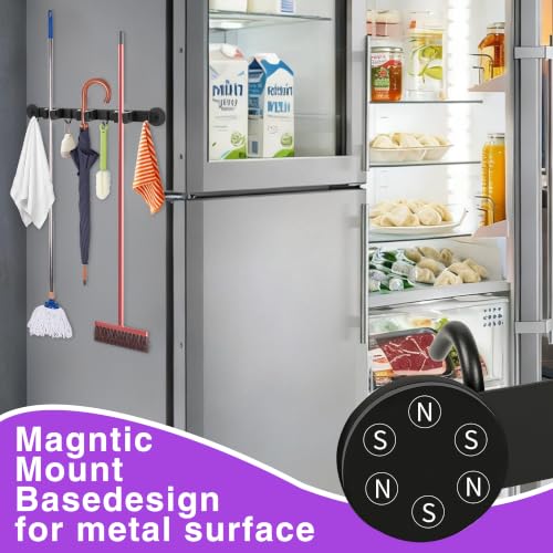 Magnetic Broom Holder Wall Mount - Heavy Duty Non-Slip Mop Hanger with 4 Hooks And 3 Rack, No Drill Tool Organizer for Refrigerator,Garage,Laundry Room (Black, 3Racks 4Hooks)