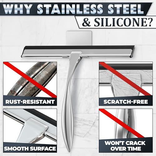 Shower Door Squeegee with Hook, 12" Silicone Blade, Steel (Silver) - color: Silver, size: 12 Inch