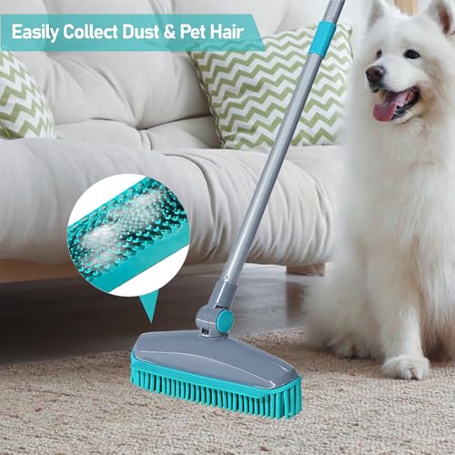 180°Rotating Head Rubber Broom with Squeegee for Pet Hair Removal - 51" Iron Handle Fur Remover Rake Brush for Carpet, Hardwood & Tile Floors, Includes Pet Hair Removal Gloves (Blue) - color: Blue