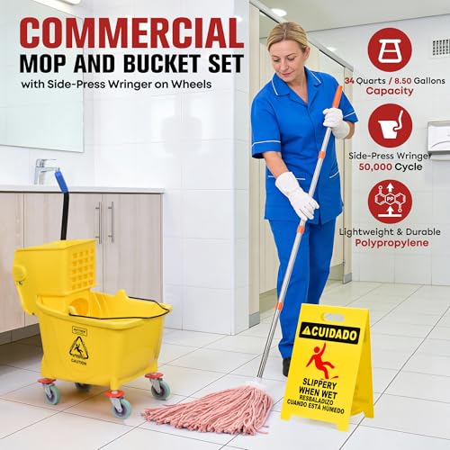 Matthew Cleaning 34 Quart Commercial Mop Bucket INCL.Wet String Mop with Side Press Wringer On Wheels,Heavy Duty Tandem Portable Floor Cleaning Wavebrake,Ideal for Household,Industrial,Restaurant - color: Yellow, size: 34 Quart (Side Press Wringer)