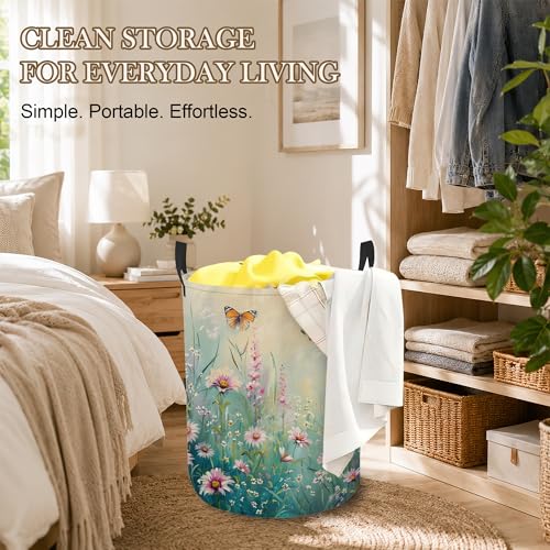 Laundry Hamper, Butterfly Garden Collapsible Wildflowers Laundry Baskets Waterproof Oxford Cloth With Handles, Clothes Storage Bucket For Bathroom/Bedroom 16" x 20.8" - color: Butterfly Garden