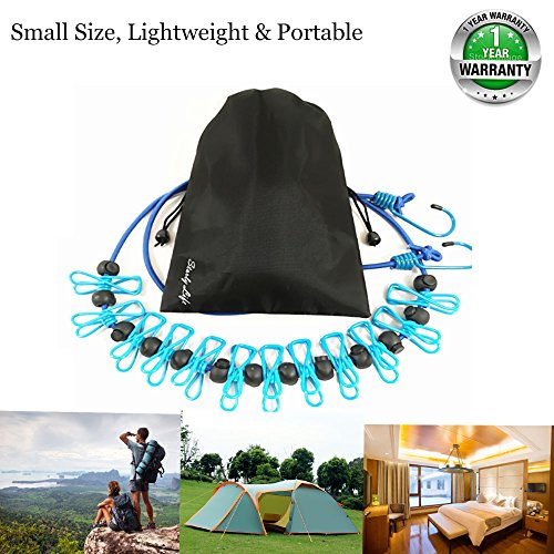 Adjustable Elastic Clothesline with Clips and Positioning Balls Portable Retractable Windproof Laundry Hanging Rope Anti-Skid Washing Line with Drawstring Bag (Dark Blue) - color: Dark Blue
