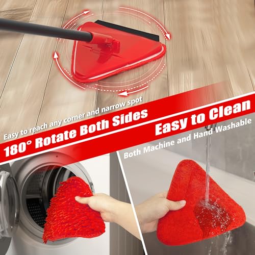 NEWE Wall Mop Cleaner, 80 inches Long Handle, 180° Folding Ceiling Cleaning Tool with Squeegee for Washing Painted Walls, Triangle Baseboard Scrubber with 3 Chenille Duster and 3 Microfiber Pads (Red) - color: Red