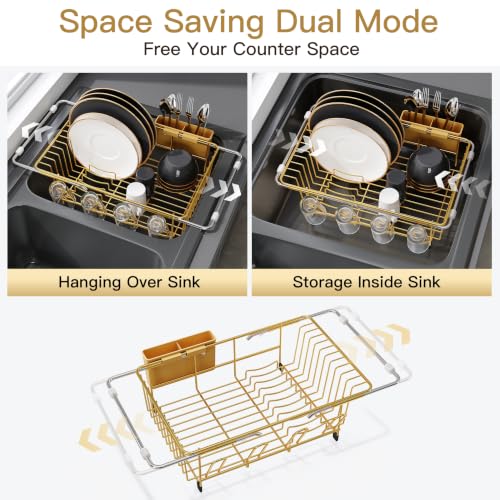 JASIWAY Gold Dish Drying Rack in Sink, Dish Drainer with Utensil Holder - color: Gold, size: For 12"-30"w Sink