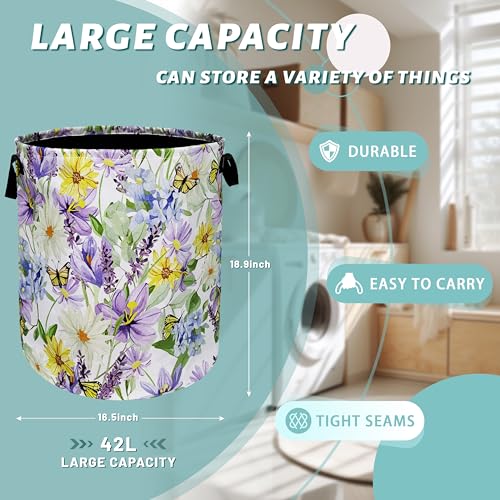 Purple Flower Butterfly Laundry Basket Oxford Cloth Hamper 18.9"x16.5" - color: Purple Flower With Yellow Butterfly