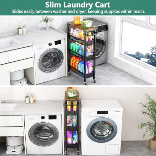 Vivihomety 4-Tier Slim Utility Rolling Laundry Cart with Wheels, Metal - color: Black, size: 7.1 inch wide