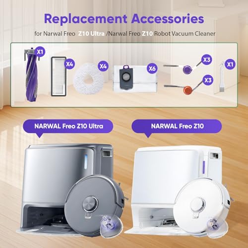 22 PCS Replacement Accessories Kit for Narwal Freo Z10 Ultra/Narwal Freo Z10 Robot Vacuum Cleaner,1 Main Roller Brush, 6 Dust Bags, 4 Filters, 4 Mop Pads, 6 Side Brushes, 1 Clean Tool - color: Ktis