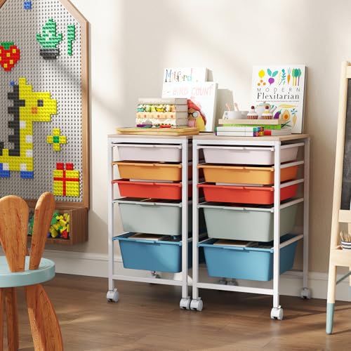 Giantex Rolling Storage Cart with 5 Drawers, Utility Cart w/Wooden Tabletop, Lockable Wheels, Multipurpose Organizer for Art Craft Books Paper, Drawer Carts for Dorm Classroom Office, Macaron - color: Macaron, size: 5 Drawer-13"x14.5"x25"