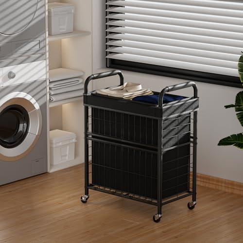 110L Rolling laundry Sorter Hamper Basket 2 Section with Wheels - color: Black, size: 110L