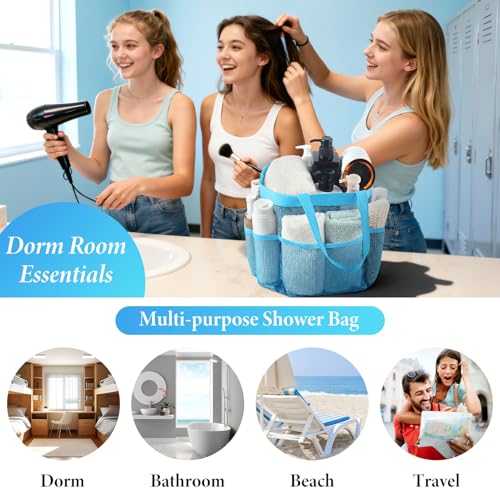Mesh Shower Caddy Portable - 9 Pockets, Shower Bag for Dorm Room Camping - color: light blue