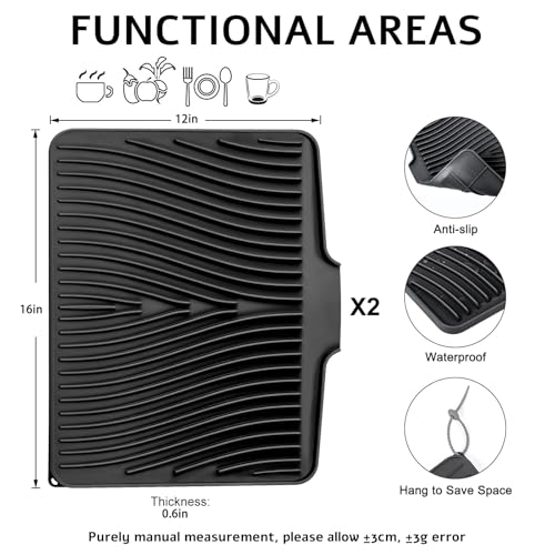 TIKNIK Silicone Dish Drying Mat for Kitchen Counter, Black-2pcs, 16" x 12" - color: Black-2pcs, size: 16" x 12"