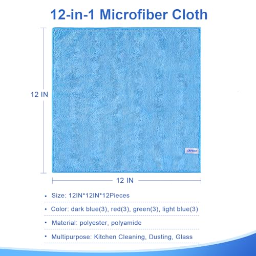 Microfiber Cleaning Cloth, 12Pcs, 12" x 12", High Density, 4 Colors