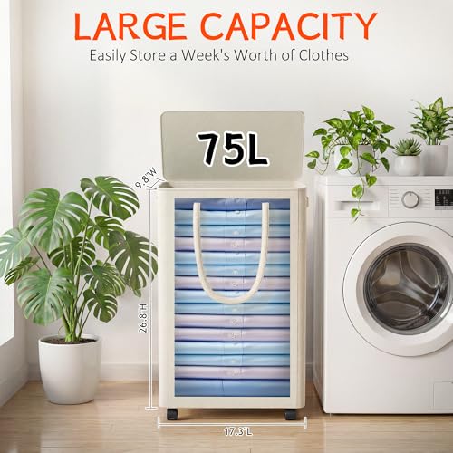 Slim Laundry Hamper with Wheels,20 Gal (75L) Rolling Laundry Basket with lid and wheels Clothes Hamper Foldable Tall Dirty Clothes Basket Sturdy Collapsible Clothes Hamper for Dorm,Laundry Room - color: Beige, size: 75L (17.3"L x 9.8"W x 26.8"H)