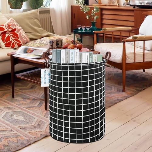 Round Laundry Basket Collapsible Storage Hamper Organizer Black Grid - color: Black grid
