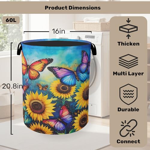Butterfly Sunflower Laundry Basket, Heavy Duty 60L Dirty Clothes Hamper, Water Resistant Foldable Hamper for Girls Women - color: Butterfly Sunflower