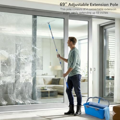 Professional Window Cleaning Kit with 6ft Long Handle, 3 Gallon Bucket - color: Blue Window Cleaning Kit With Bucket