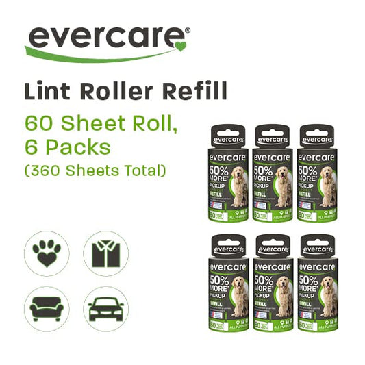 Evercare Pet Lint Roller Refill, Manual Operation, 60 Sheets per Roll, 6 Count Refill Pack for Pet Hair Removal, Green - size: Pack of 6 (360 Sheet Count)