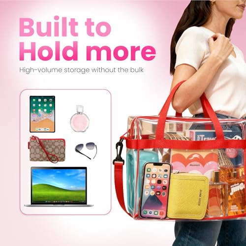 Handy Laundry Clear Bag 12x6x12 Stadium Approved Tote, Zipper Strap - color: Red