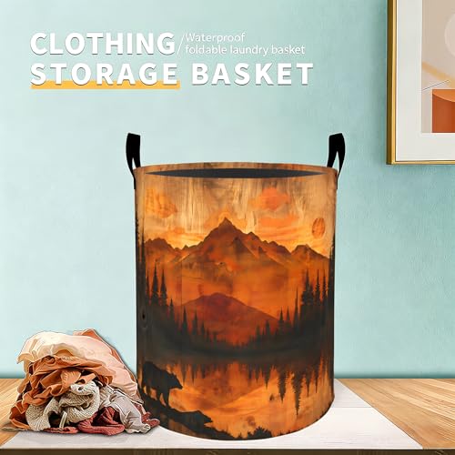 Mountain Forest Bear Laundry Basket Hamper for Boys Girls Kids Adults, Foldable Waterproof Oxford Clothes Storage Bin, Sunset Nature Wildlife Organizer for Bedroom Bathroom Room Decor 19.7"x15.7" - style: Mountain Forest Bear