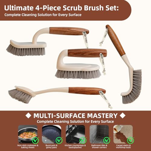 4-Pack Heavy Duty Scrub Brushes Set with Wooden Handles