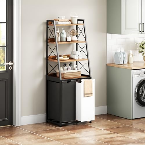 Herture Laundry Basket, 2 Section Laundry Hamper with 4 Tiers Shelf, Pull-Out and Removable Laundry Bags, Large 2 x 15.87 Gallons, for Bedroom Bathroom Rustic Brown PF11XLN - color: Rustic Brown + 2-Color, size: 2 Bags-120 L