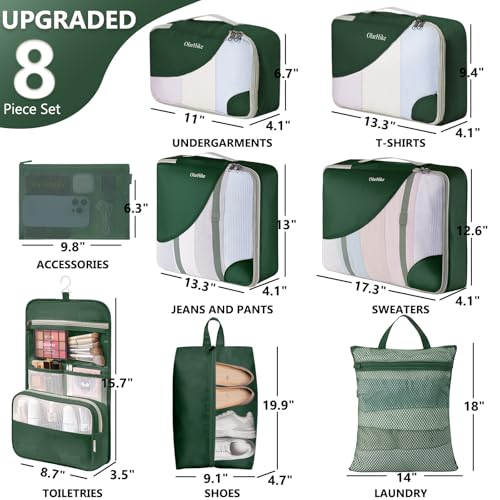 OlarHike Packing Cubes for Travel,Gifts for Women Mom,Anti-Tearing Suitcase Organizer for Luggage with Shoe & Hanging Toiletry Bag,Vacation Essentials & Accessories for Cruise Ship,8 Set,Dark Green - color: 06 Dark Green