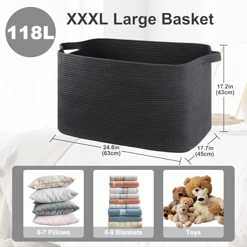 OIASKET 118L Extra Large Blanket Basket, 24.8" x 17.7" x 17.2" Woven Basket - color: Black, size: 24.8"x17.7"x16.2"