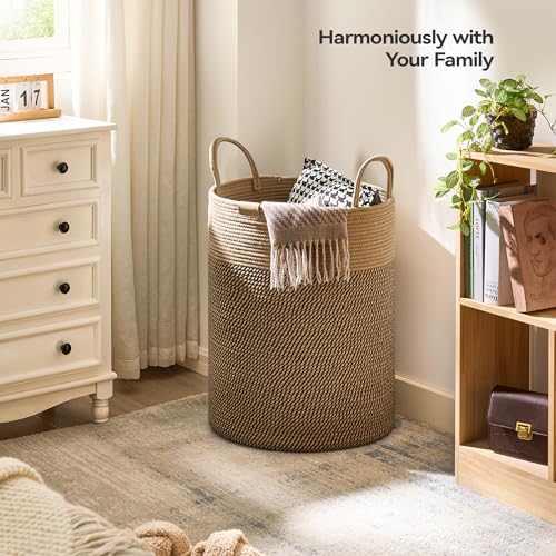 Nunsino Tall Laundry Basket Hamper 95L,Cotton Rope Storage Hamper with Reinforced Handles,Decorative Blanket & Toy Basket for Living Room, Bedroom, Nursery, Dark Brown - color: Dark&Brown, size: 95L/25.1Gal