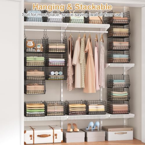 6 Tier Closet Hanging Organizer, Clothes Hanging Shelves with 4 Hanging Hooks 5 S Hooks, Wire Storage Basket Bins, for Clothing Sweaters Shoes Handbags Clutches Accessories Patent Design-Black - color: Black