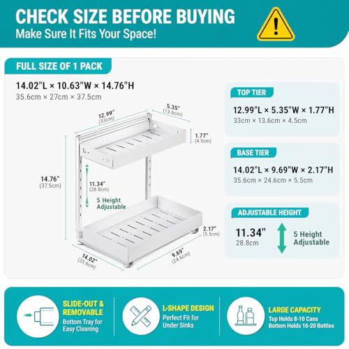 Under Sink Organizer 2 Pack, 2-Tier Metal Slide-Out, Height Adjustable