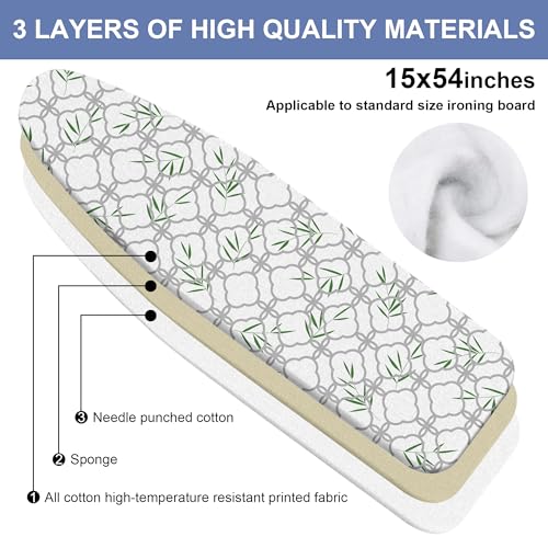 Grey Ironing Board Cover and Pad 15x54 Inch, 100% Cotton Surface Heavy Duty Iron Cover, Standard Size Ironing Board Covers, with Elastic Edge & 2 Hook & Loop Fastener Straps for Easy Installation - color: Grey01
