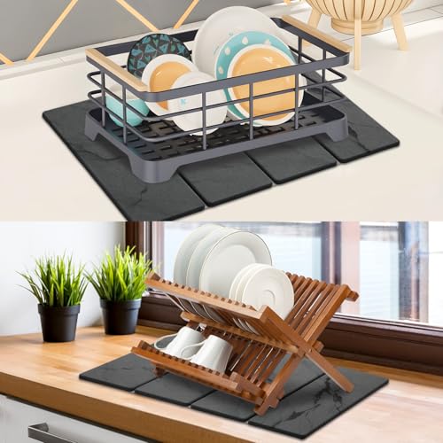 Large Stone Dish Drying Mat for Kitchen Counter, 2 PCS Quick Dry Stone Mats, Foldable Water Absorbing Diatomaceous Earth Drying Dishes Pad for Countertop Bottles Utensils Cup(Dark gray 24"x16"&8"x4") - color: Dark gray 2, size: 24" x 16"