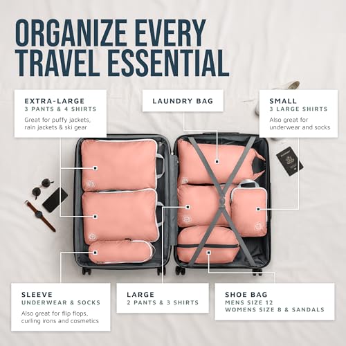 TRIPPED Travel Gear Large Compression Packing Cubes 7-Piece Set for Travel - color: Coral Bloom