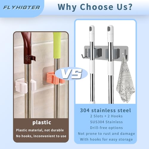 Broom and Mop Holder Wall Mounted, Heavy-Duty Stainless Steel Storage Rack with 2 Racks & 2 Hooks,Broom Organizer for Kitchen,Bathroom,Garage,Garden(SILVER - color: SILVER-2 Racks2 Hooks