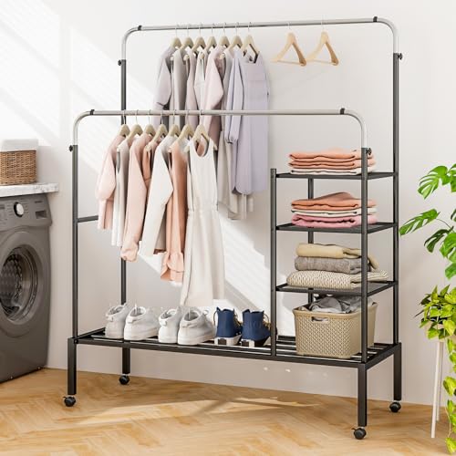 Tangkula Rolling Double Rods Garment Rack, Clothes Drying Rack with Height Adjustable Hanging Bars, Storage Shelves & Lockable Wheels, Heavy-duty Steel Clothing Rack for Indoor & Outdoor Use (Silver) - color: Silver