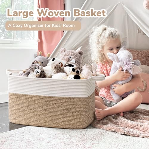 Goodpick Large Woven Blanket Basket, 21.6" x 14.9" x 11.8" Storage Baskets for Organizing, Rectangle Cotton Rope Toy Basket for Living Room, Bedroom, White & Brown (Pack of 3) - color: White & Light Brown, size: Large(21.6"L x 14.9"W x 11.8"H) (Pack of 3)