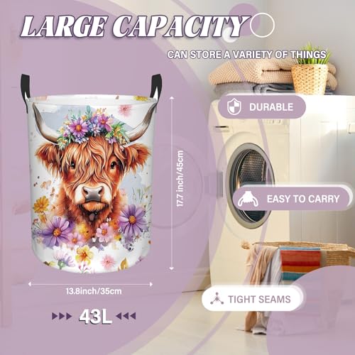 Highland Cow Laundry Basket, 43L 13.8x17.7in Round Oxford Laundry Hamper - color: Flower Highland Cattle