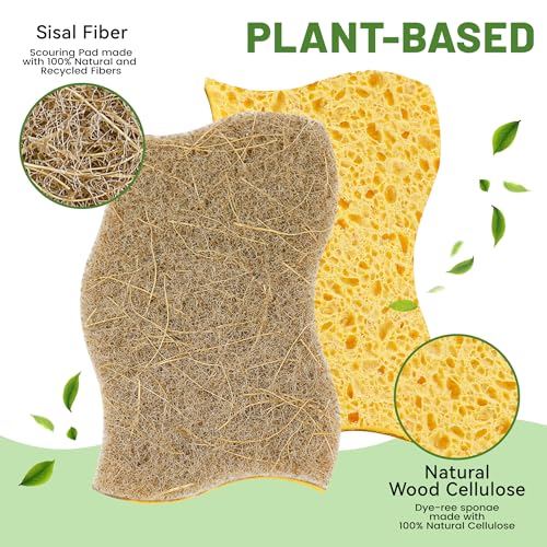 LILAC 12 Pack Natural Cellulose Sponges for Dishes - Non-Scratch Kitchen Scrub Sponges - 100% Biodegradable & Eco-Friendly Cleaning Sponges for Non-Stick Cookware, Bathroom & Household(Yellow) - color: Coconut Brown Yellow