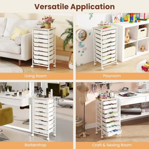 Giantex 8 Drawers Rolling Cart with Wheels, Wood Top, Sturdy Frame - color: White, size: 8 Drawer-15"x11"x30"