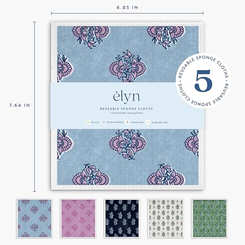 ELYN Swedish Dishcloths, Reusable & Washable Sponge Cloths, Absorbent Cleaning Paper Towels for Kitchen, Dishes, Counters and More, 5 Pack, Assorted Vintage Block Print Patterns - color: Vintage Block Print