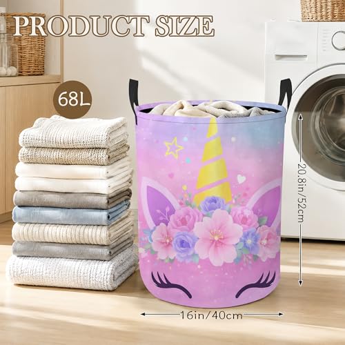Unicorn Floral Laundry Hamper, Pink Stars Laundry Baskets, Waterproof Oxford Cloth for Room/Bathroom/Bedroom/Dormitories 16x20.8 Inch - color: Unicorn Floral