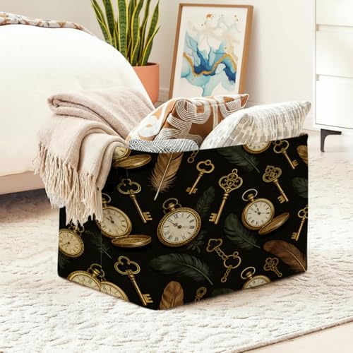 Pocket Watch Laundry Hamper 56L Large Laundry Basket with Handles, Foldable Clothes Hamper for Bedroom Bathroom, Decorative Toy Storage Bin, Home Decor Organizer for Blankets, Towels & Toys. - color: Pocket Watch